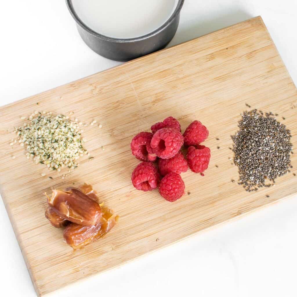 top view of all the ingredients on a wooden board.