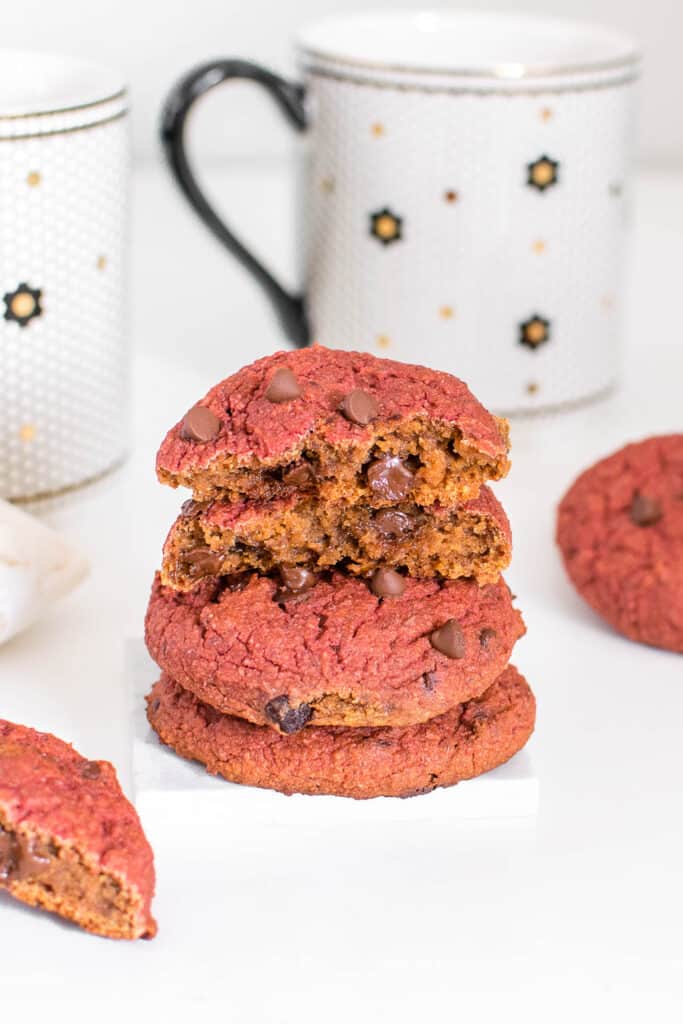 broken red velvet cookies on its stack.  