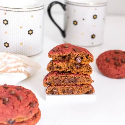 inside view of stacked vegan red velvet cookies.