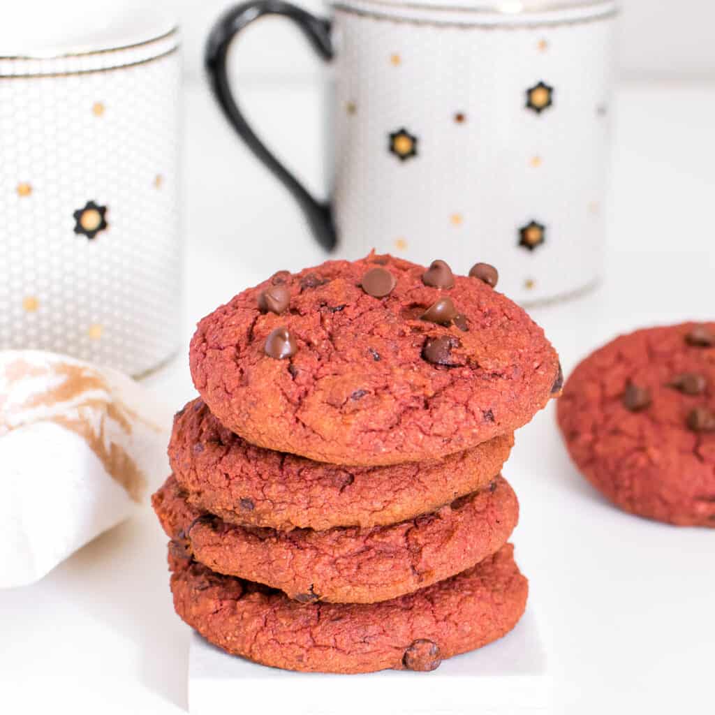 tall stack of vegan red velvet cookies with a front view.