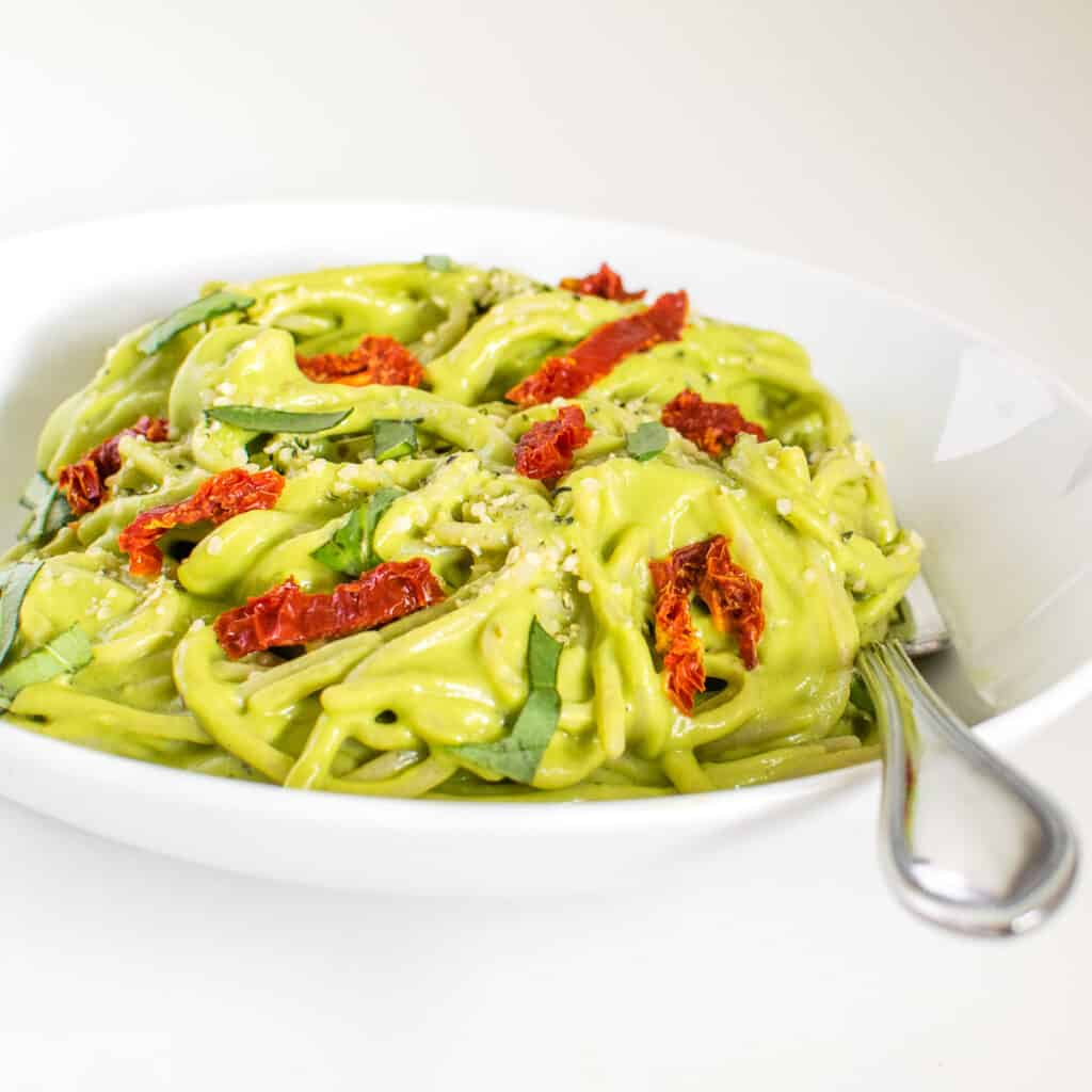 a front view of vegan avocado pasta.