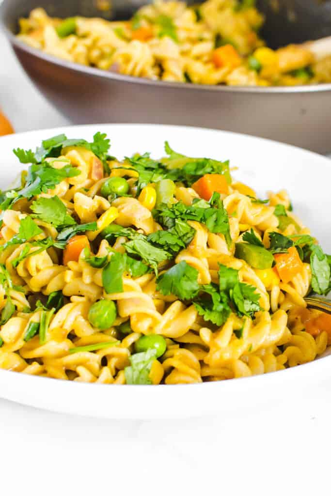 a close up view of masala pasta.