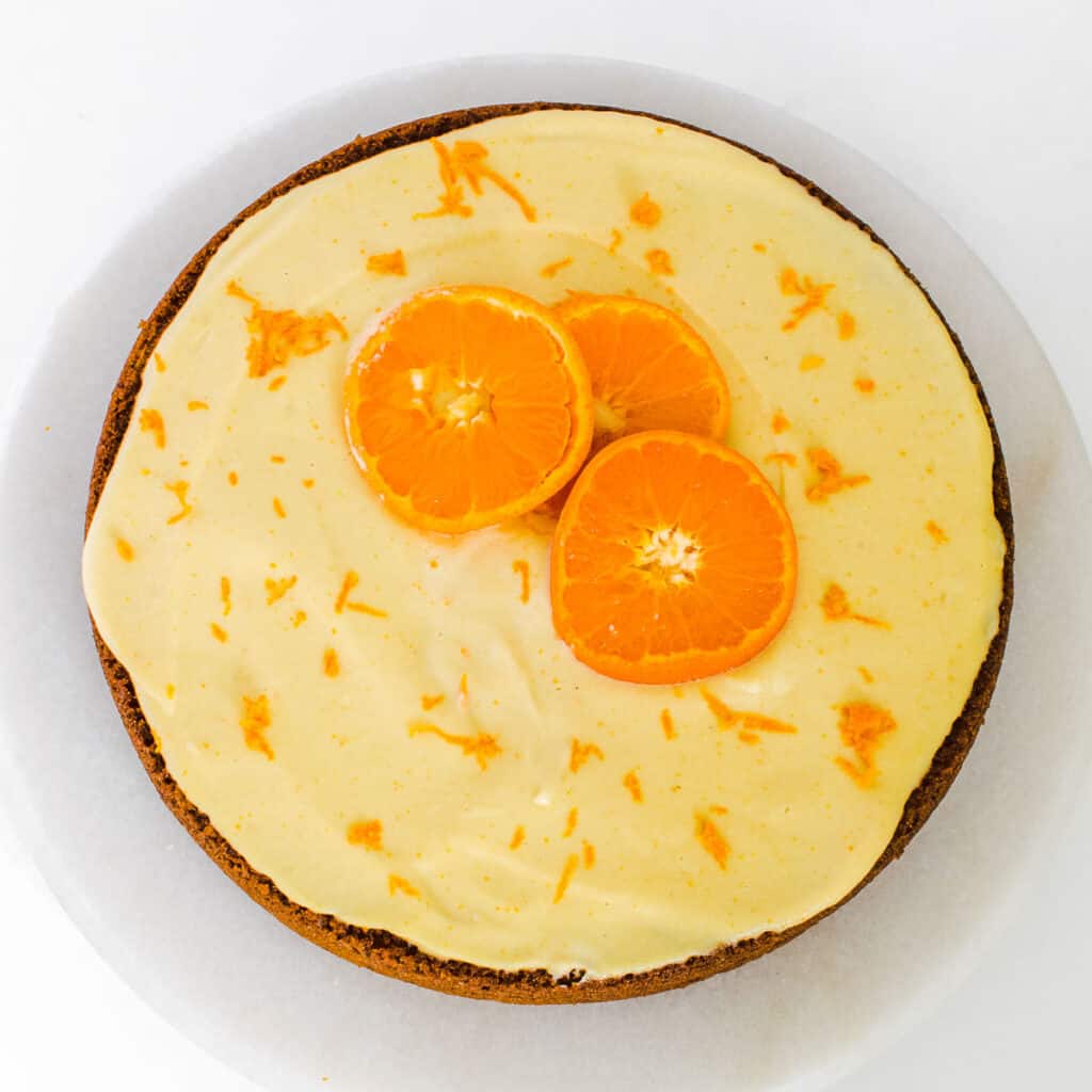 top view of the entire vegan orange cake ready to be served.