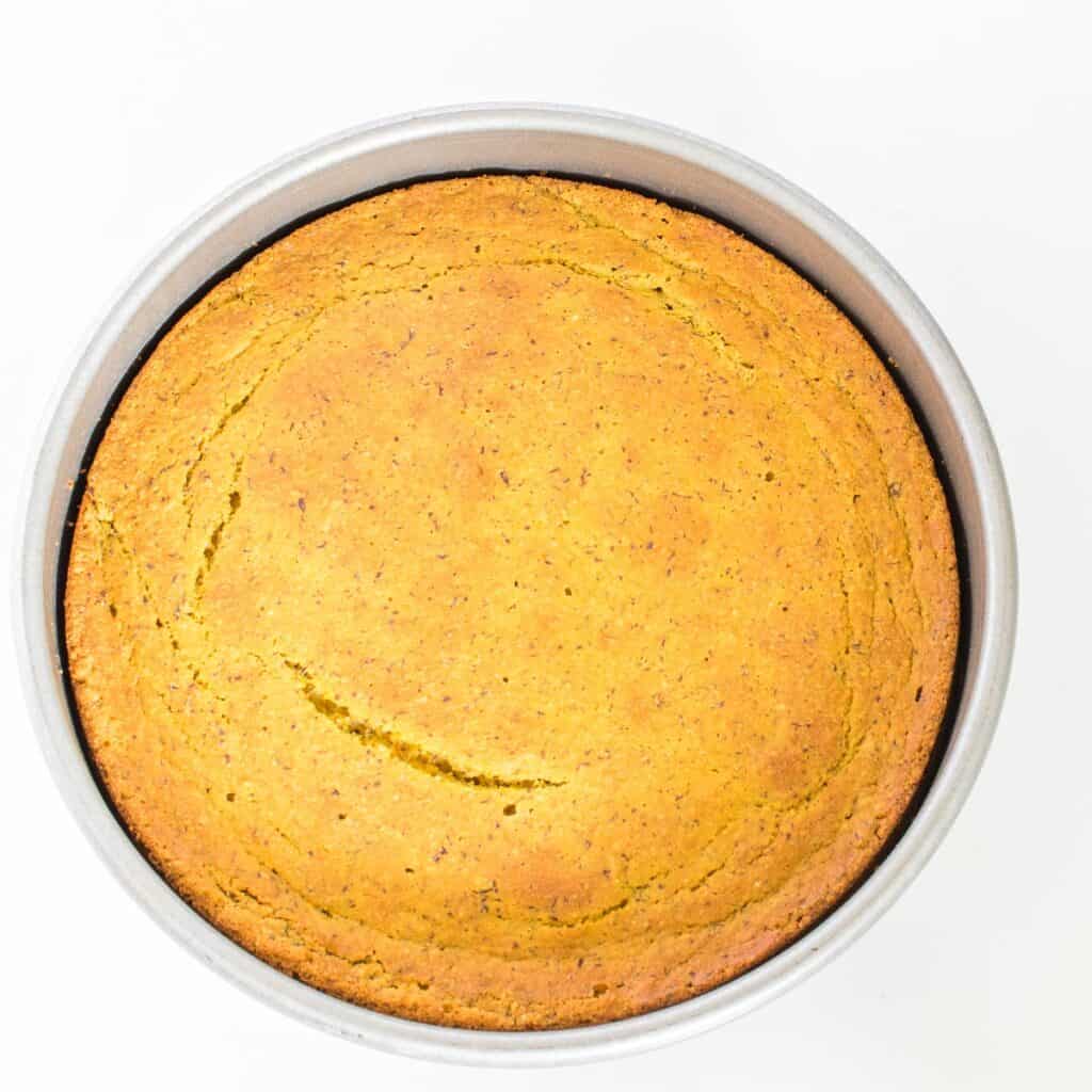 fresh baked vegan orange cake cooling down.