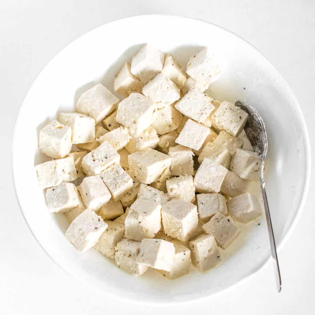 prepared tofu in a bowl.