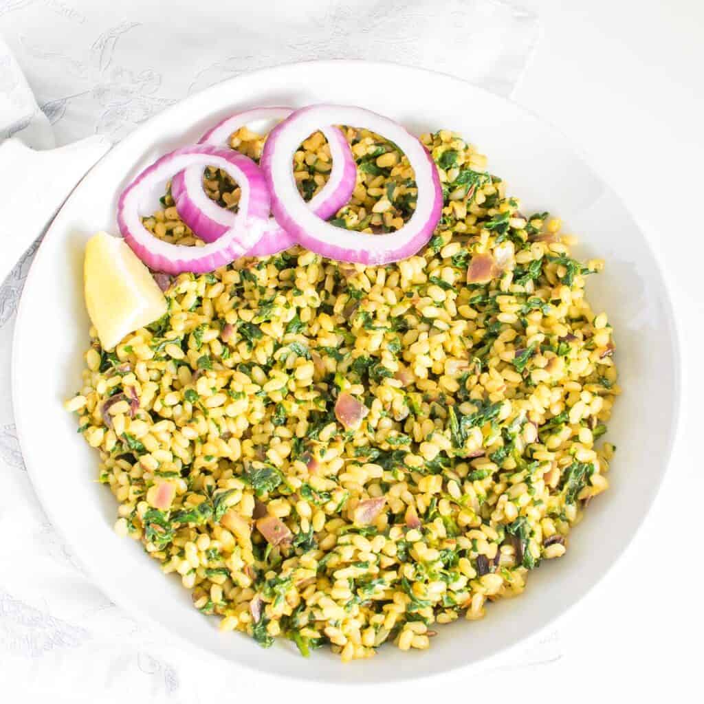 top close up view of served Palak rice. 