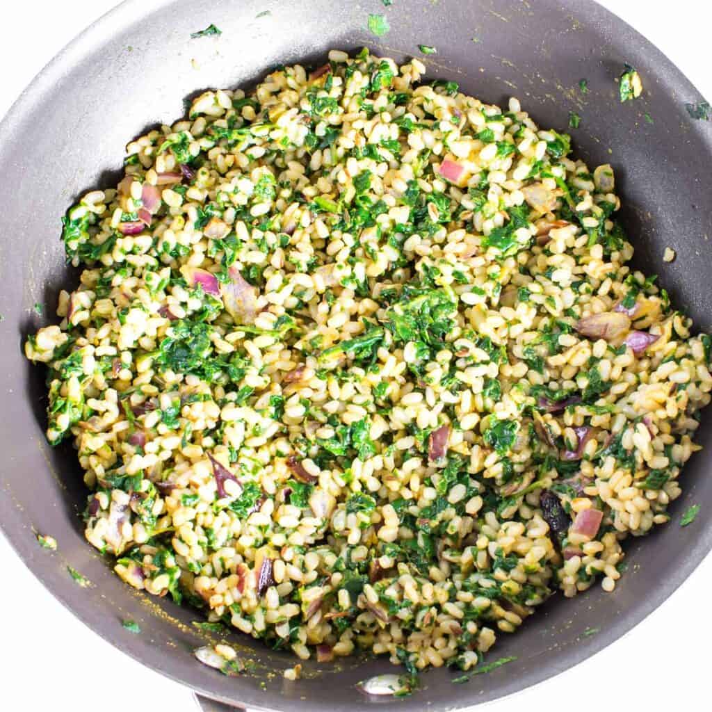 cooked Palak rice in the pan. 