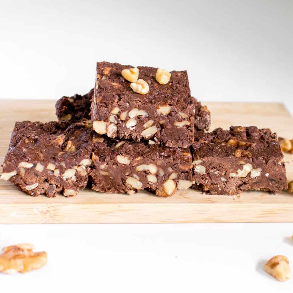 a front view of horizontal stack of walnut fudge.