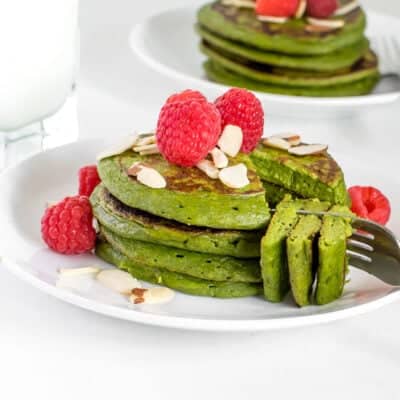 sliced pieces of spinach banana pancakes in the fork