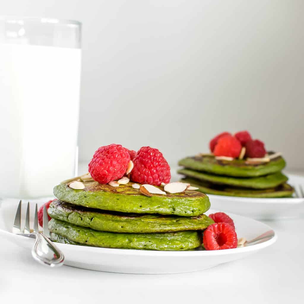 front view of stacked spinach banana pancakes.