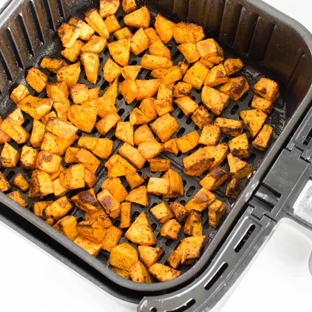 air fried sweet potatoes in the basket. 