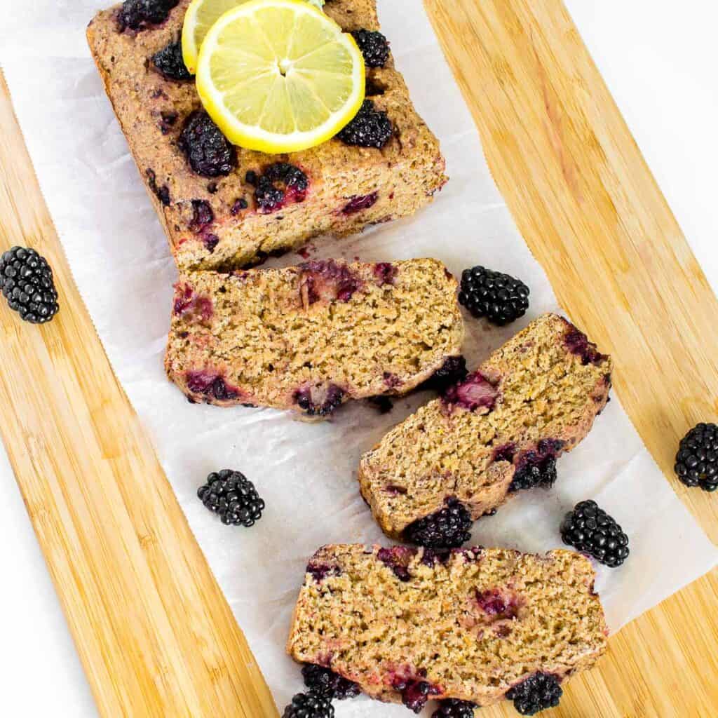 top view of the slices of blackberry lemon bread.