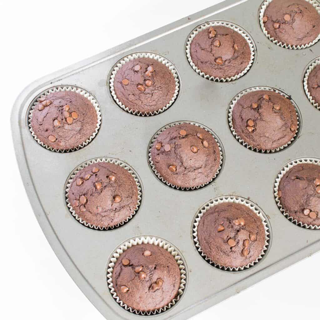 top view of fresh baked vegan chocolate muffins cooling in the tray. 