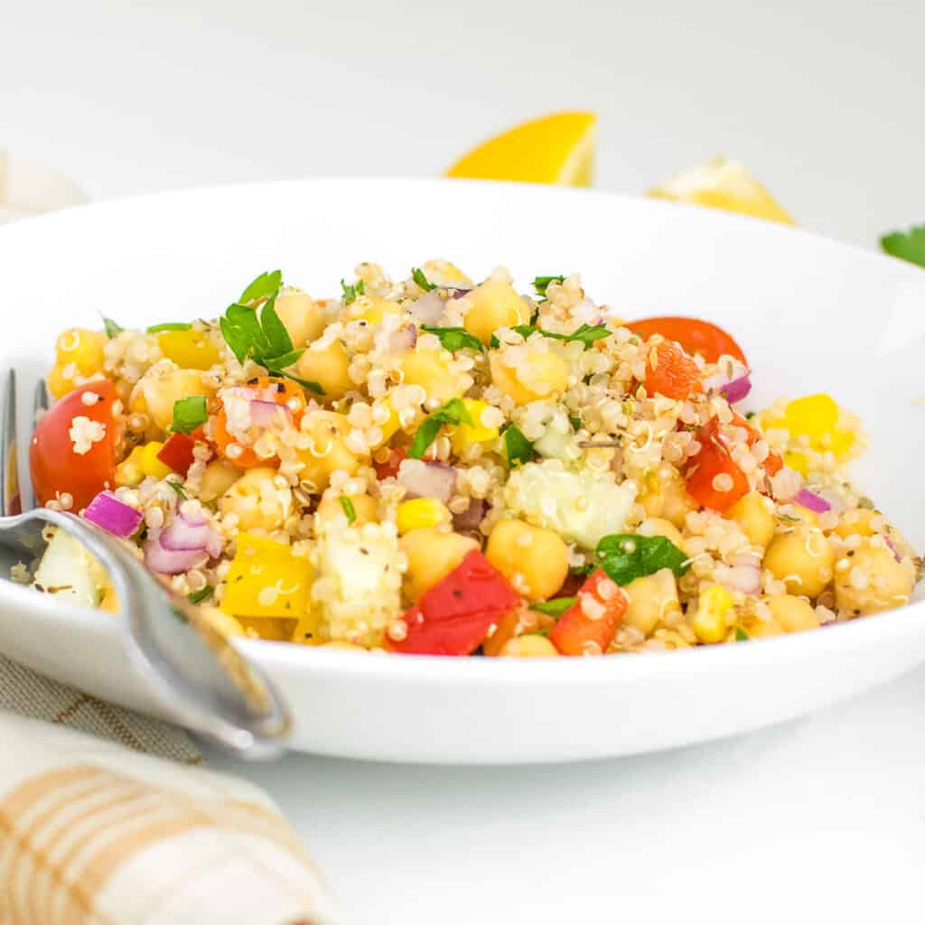 a front view of served quinoa chickpea salad.