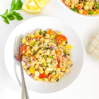 top view of served quinoa chickpea salad.