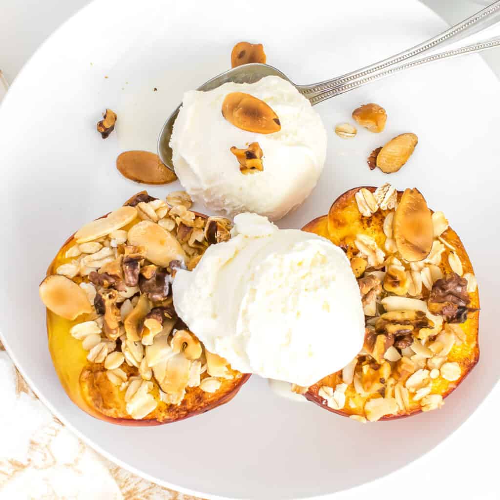 top view of served air fryer peaches. 