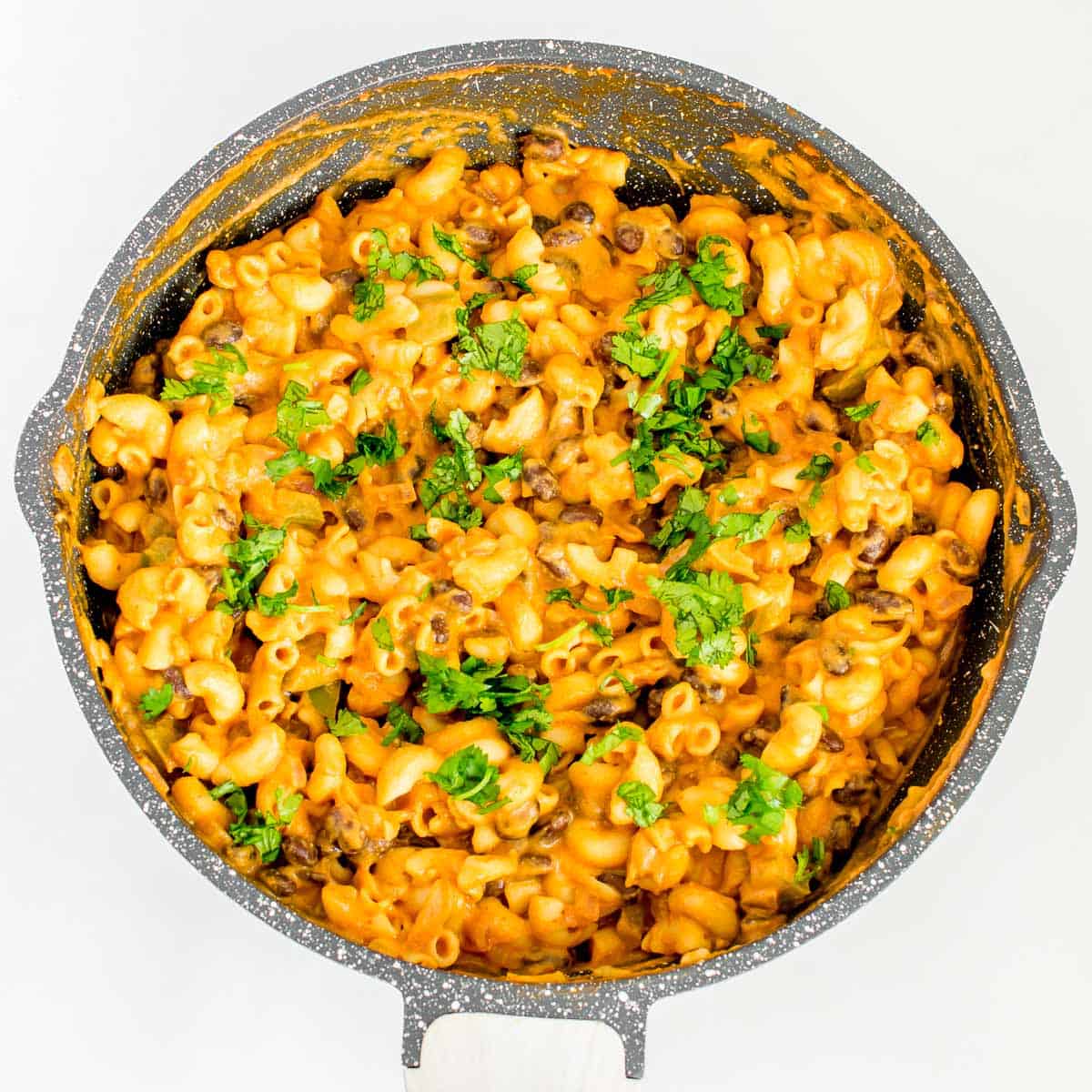 top view of chipotle pasta in the pan. 