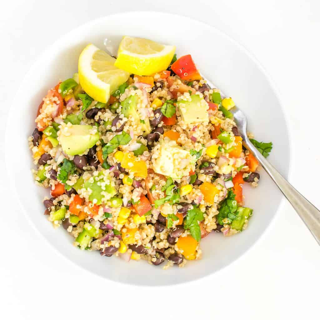 top view of served Mexican quinoa salad. 