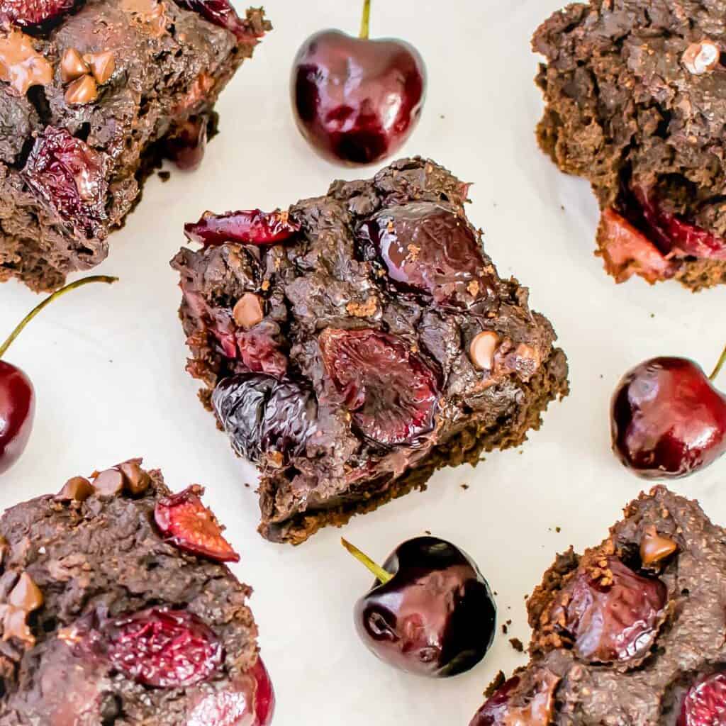 top close up view of chocolate cherry brownies.