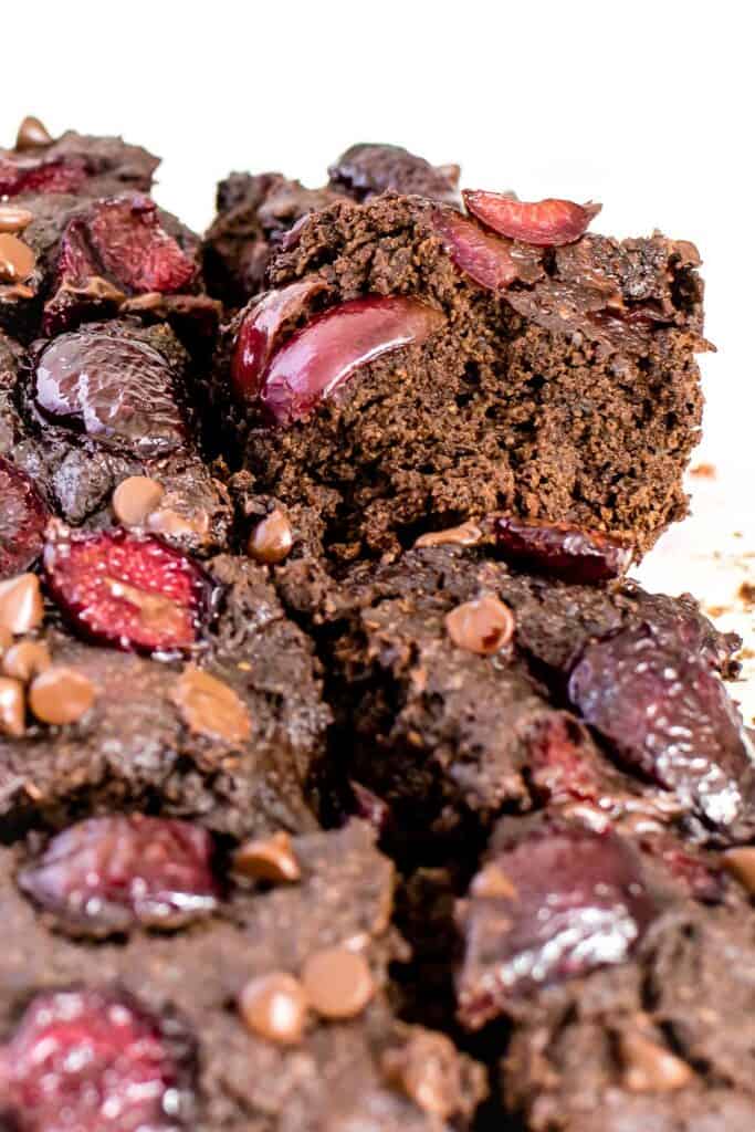 a close up inside view of chocolate cherry brownies. 