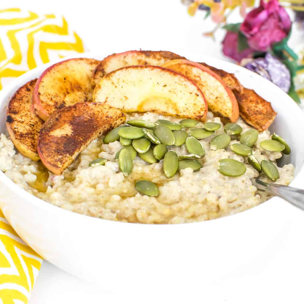 a close up view of millet porridge in a bowl.