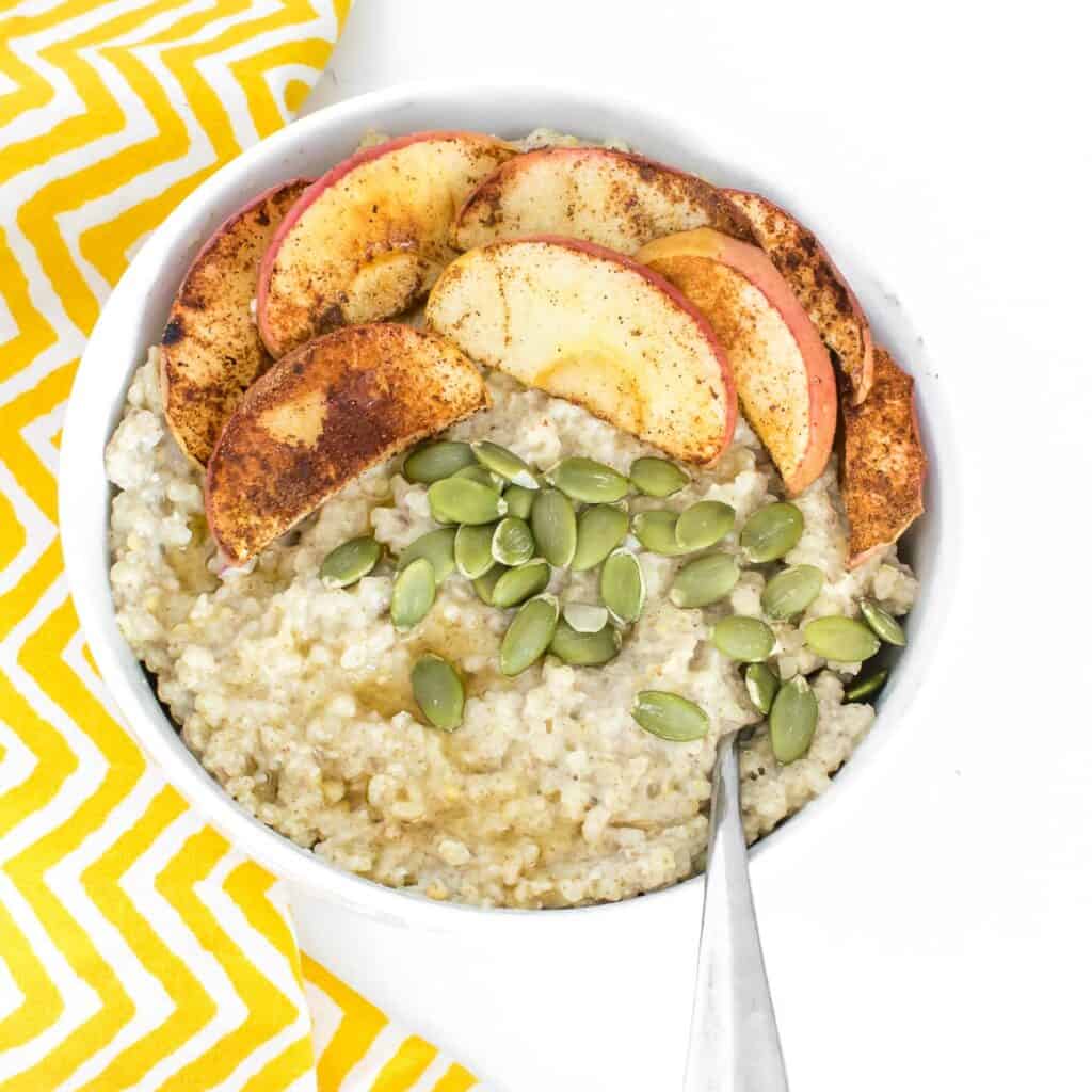 top view of served millet porridge in a bowl. 