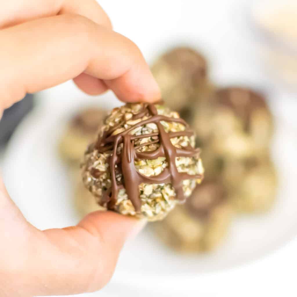 a hand holding one of the oatmeal protein balls. 