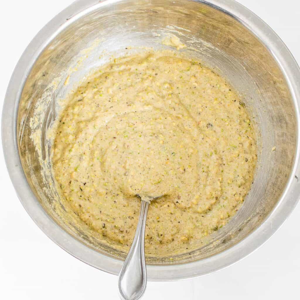 whipped up pistachio muffins batter in the bowl. 