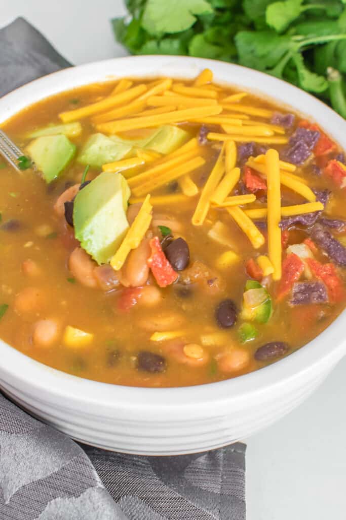 a close up view of vegan taco soup served. 