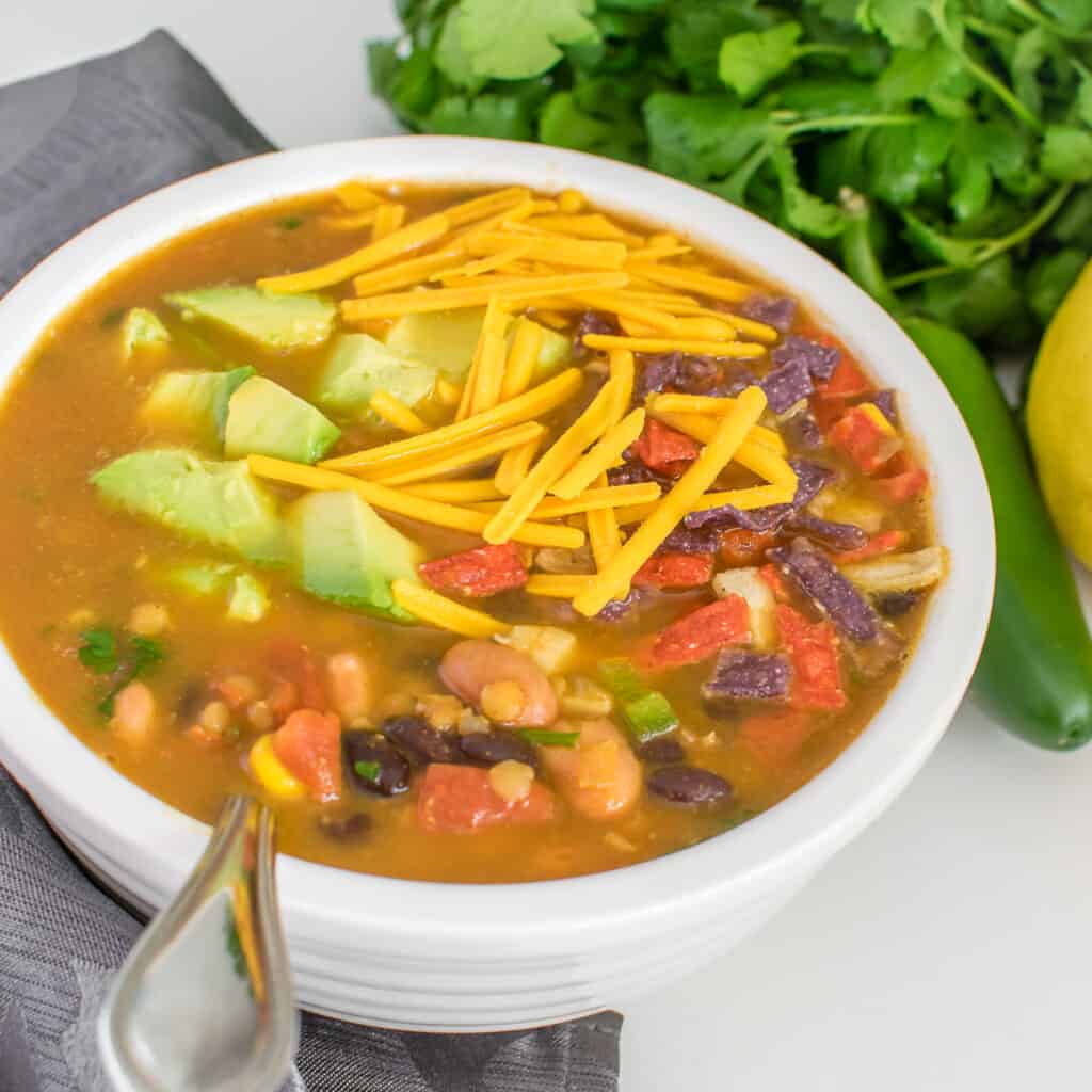 a 45 degree alge view of vegan taco soup.