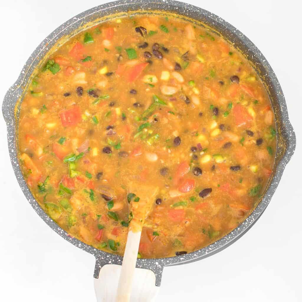 cooked vegan taco soup in the pan. 