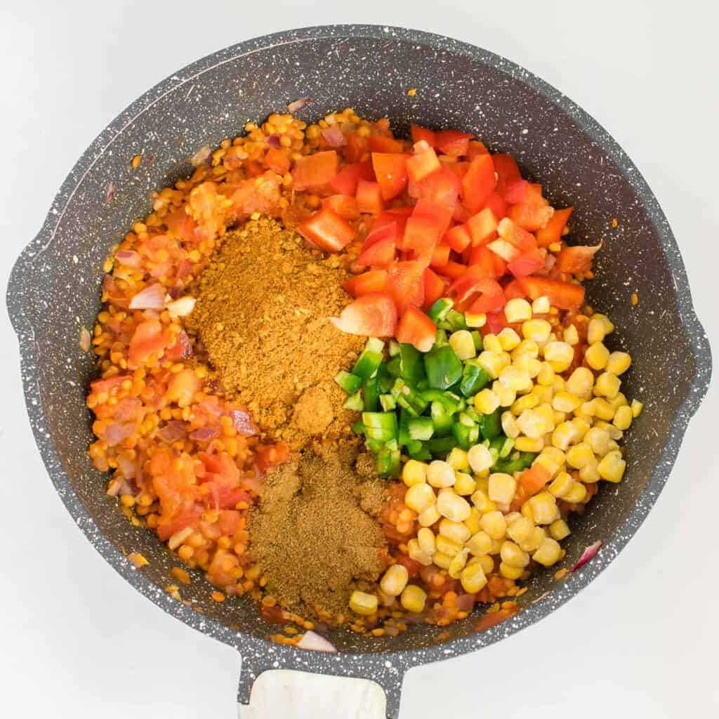 seasonings and vegetables in the pan. 