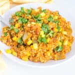 a spoon scooping sideways into vegan Mexican brown rice.