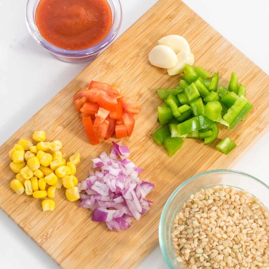 raw ingredients on a wooden board. 