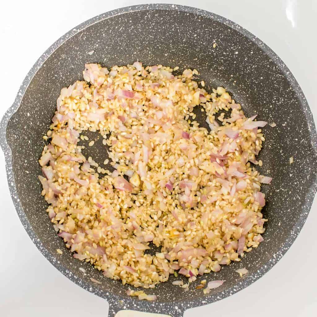 toasted brown rice in the pan. 