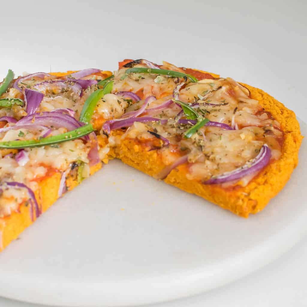 inside view of the served sweet potato pizza crust. 