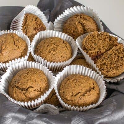 a 45 degree angle view of a bowl filled with vegan gingerbread muffins.