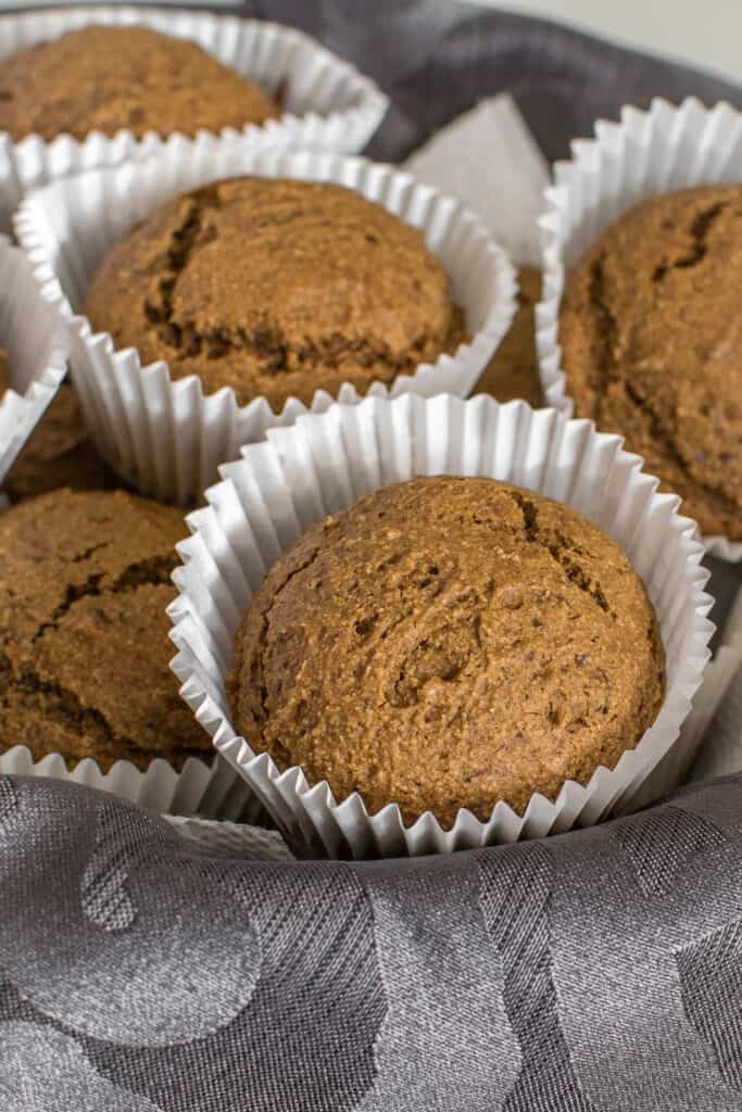 a front view of healthy and vegan gingerbread muffins in a serving bowl. 