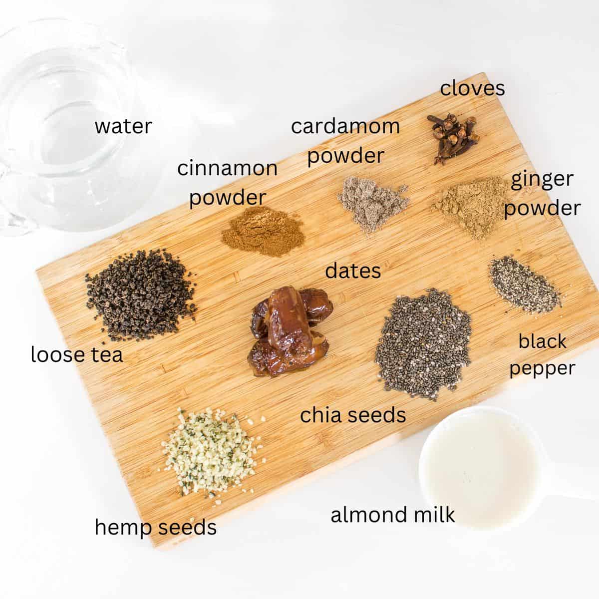 top view of all the ingredients on a wooden board. 