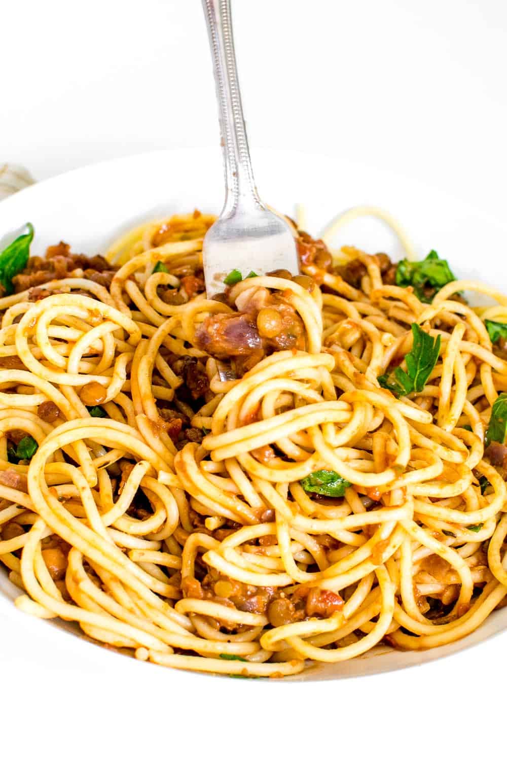 a front view of fork digging into instant pot vegan lentil Bolognese. 