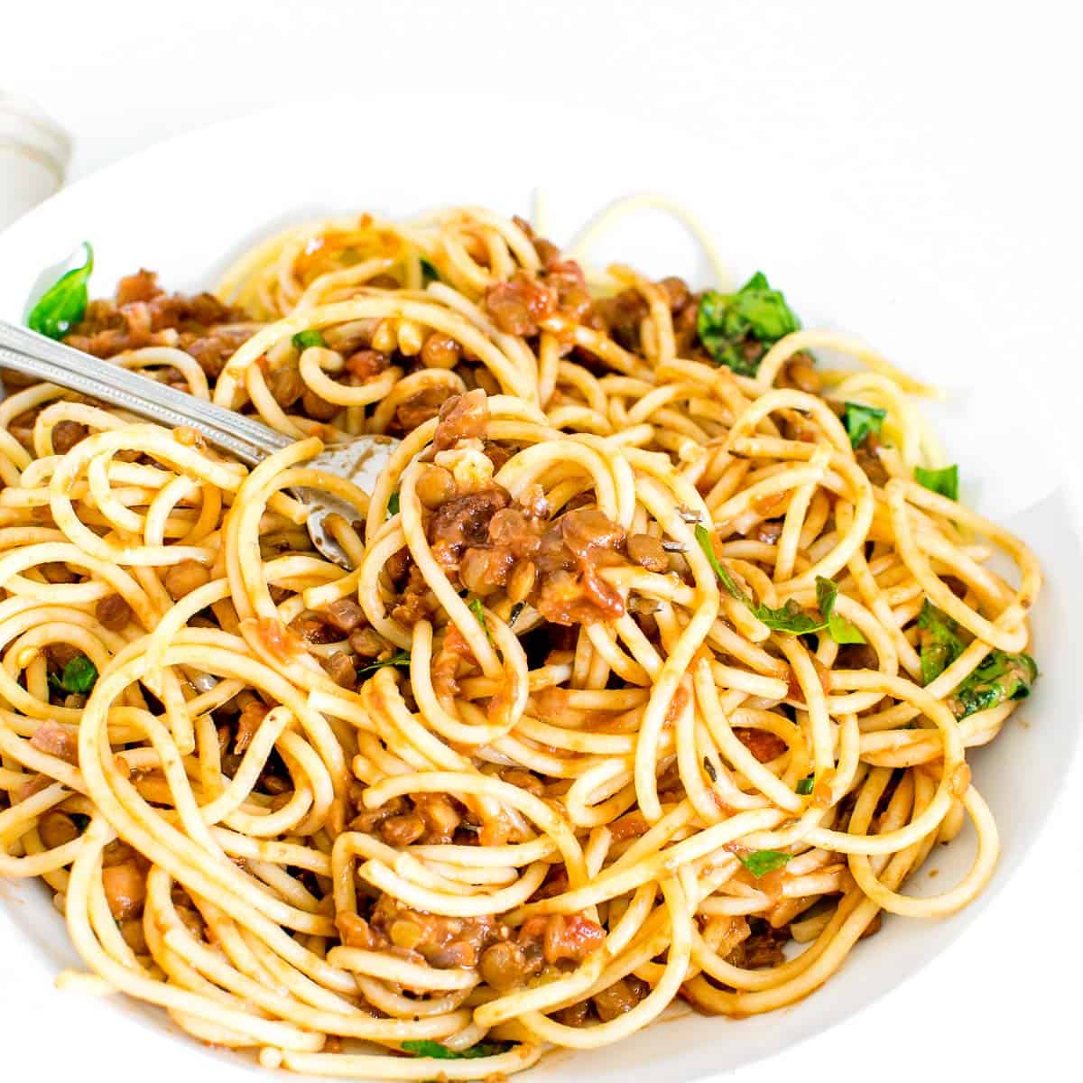 a fork digging in vegan lentil Bolognese mixed with spaghetti. 