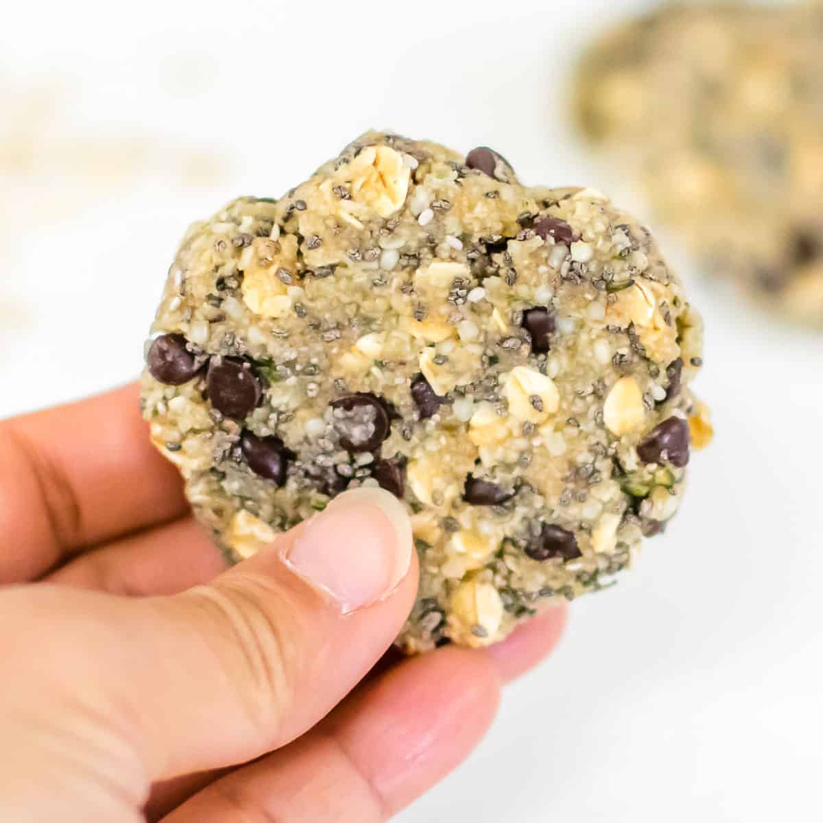 a hand holding one of the vegan no bake protein cookies. 