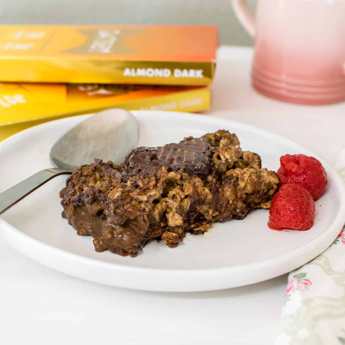vegan chocolate baked oats served on a plate. 