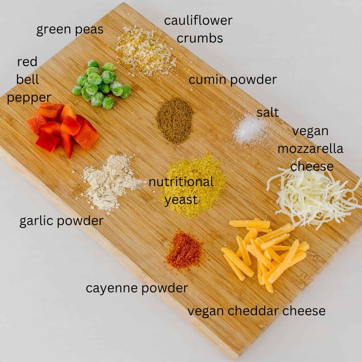 top view of all the raw ingredients on a wooden board. 