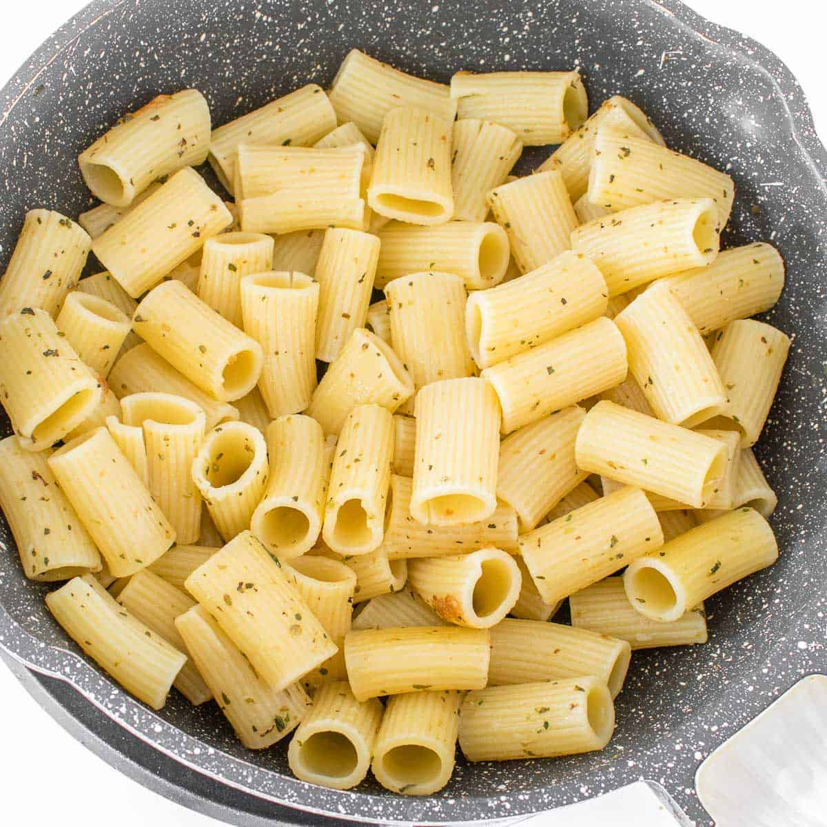 cooked pasta in the pan. 