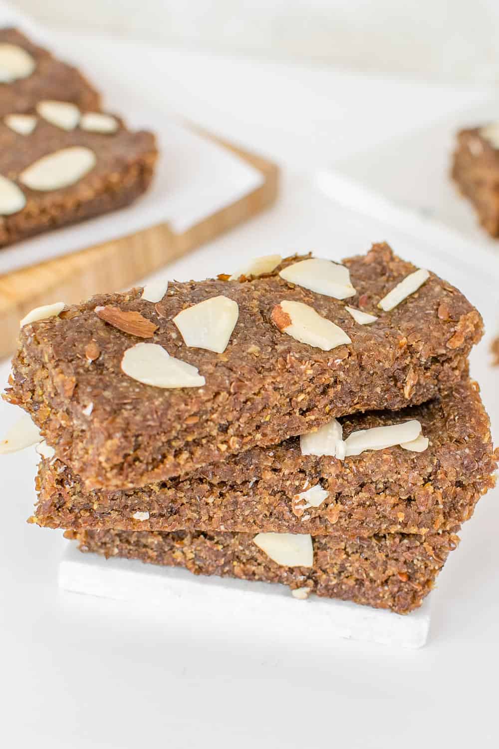 a 45 degree angle view of stacked flaxseed bars. 