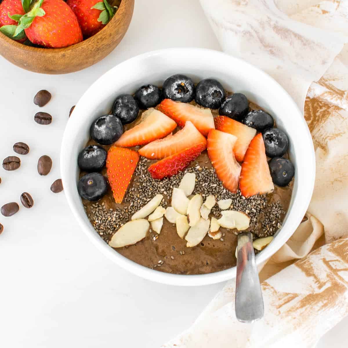 top view of served coffee chia smoothie bowl.
