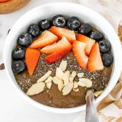 top view of served coffee chia smoothie bowl.