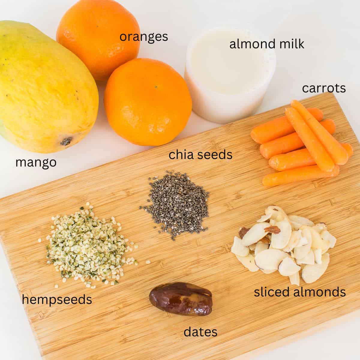 top view of all the ingredients on a wooden board. 