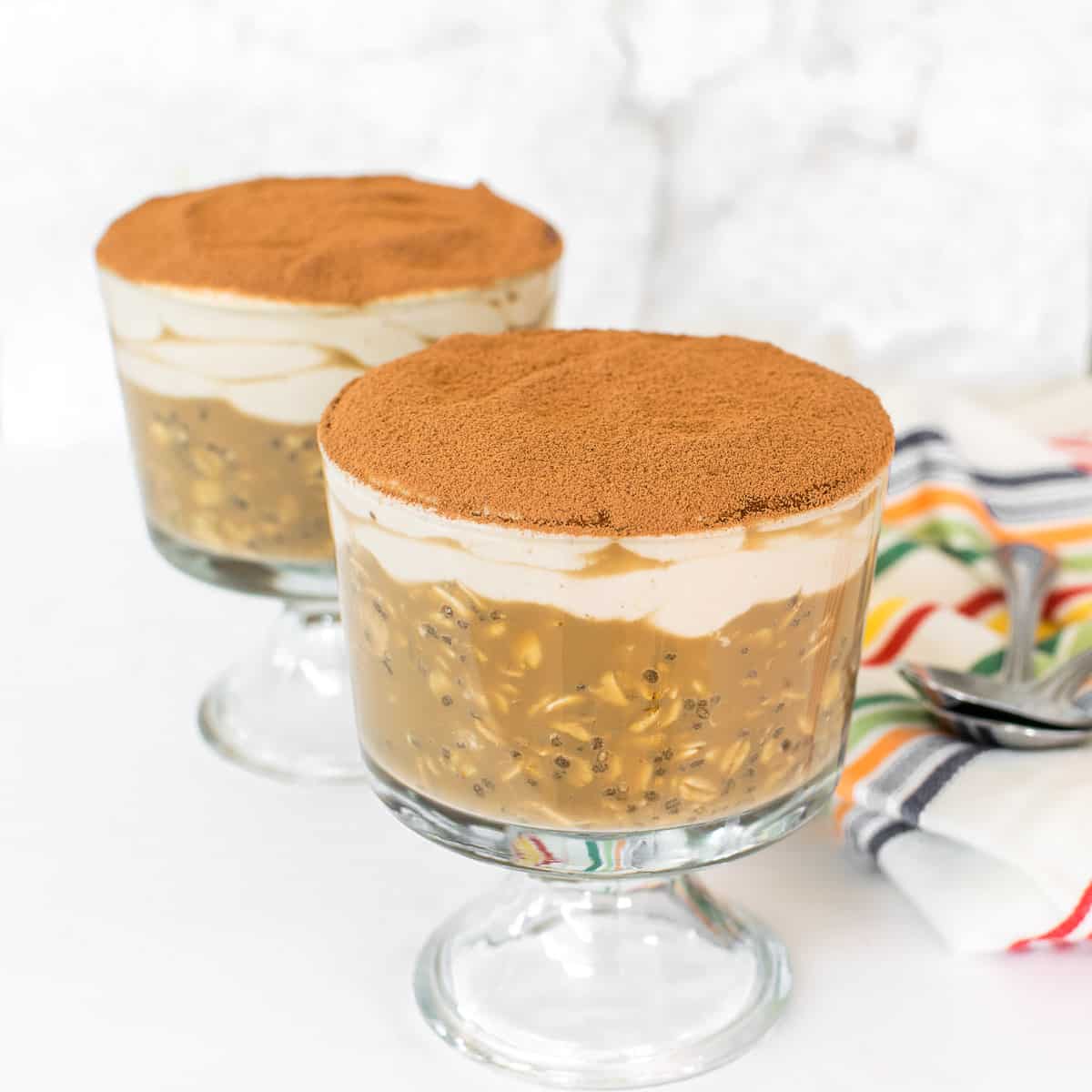 front view of served tiramisu overnight oats.